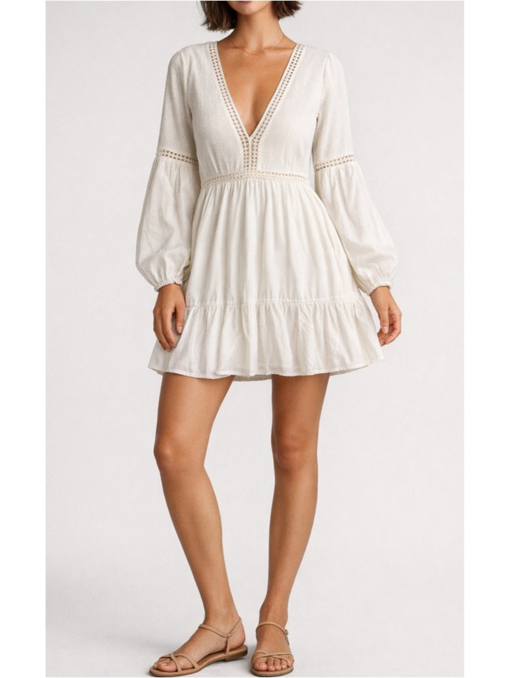 WALKER & WADE | St Barths Long Sleeve Mini Dress in Ivory, Size Medium